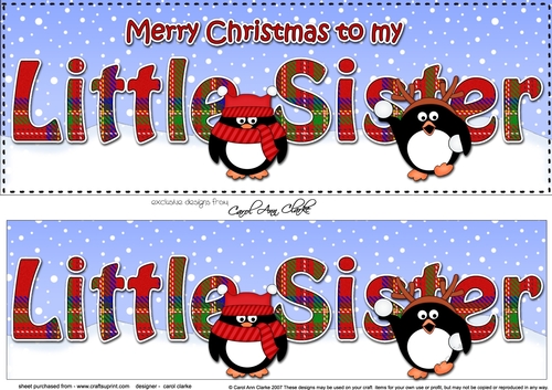 Large DL Merry Christmas LITTLE SISTER 3D decoupage with Tartan Penguins
