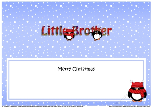 Large DL Merry Christmas LITTLE BROTHER insert with Tartan Penguins