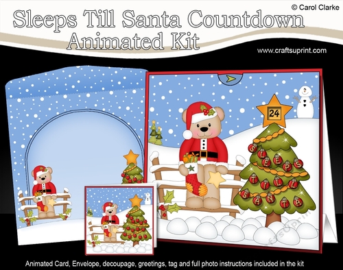 3D Animated Sleeps Till Santa Christmas Tree Countdown Card Kit - Livvy Bear has an Xmas Stocking