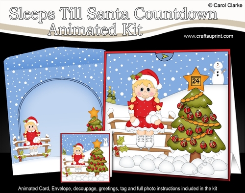 3D Animated Sleeps Till Santa Christmas Tree Countdown Card Kit - Young Girl is Snowballing