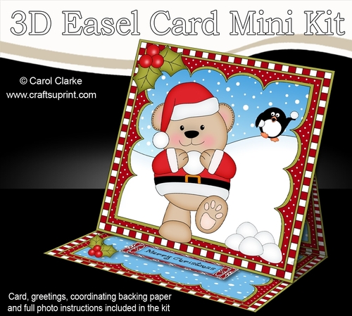 3D Easel Card Mini Kit - Christmas Livvy Bear is Snowballing