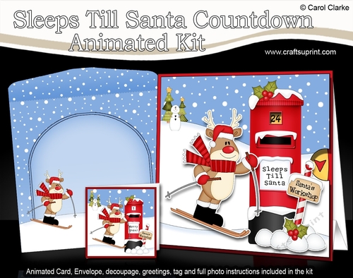 3D Animated Sleeps Till Santa Christmas Postbox Countdown Card Kit - Rudolph is Skiing