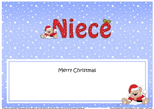 Large DL Merry Christmas NIECE insert with Teddies