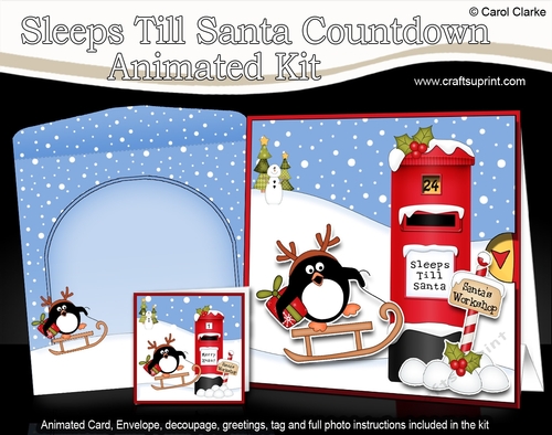 3D Animated Sleeps Till Santa Christmas Postbox Countdown Card Kit - Cute Penguin is Sledging