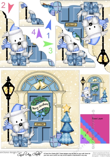Jess Westie Dog is at the Christmas Door Scallop Corner Stacker Topper