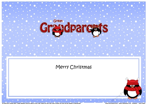Large DL Merry Christmas GREAT GRANDPARENTS insert with Penguins