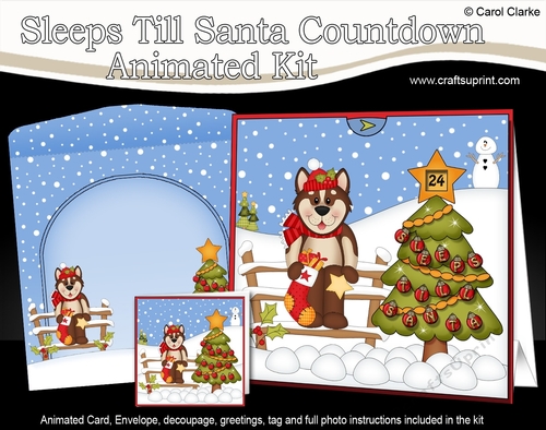 3D Animated Sleeps Till Santa Christmas Tree Countdown Card Kit - Little Husky Dog Biscuit