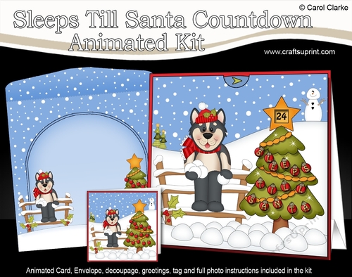 3D Animated Sleeps Till Santa Christmas Tree Countdown Card Kit - Little Husky Dog Chase