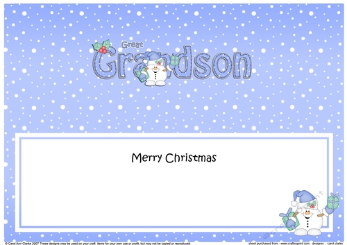 Large DL Merry Christmas GREAT GRANDSON insert with Snowball Sam
