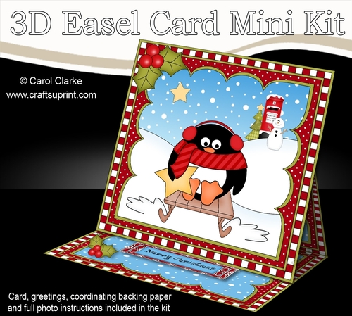 3D Easel Card Mini Kit - Christmas Pip Penguin is Sledging
