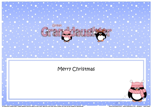Large DL Merry Christmas GREAT GRANDDAUGHTER insert with Penguins
