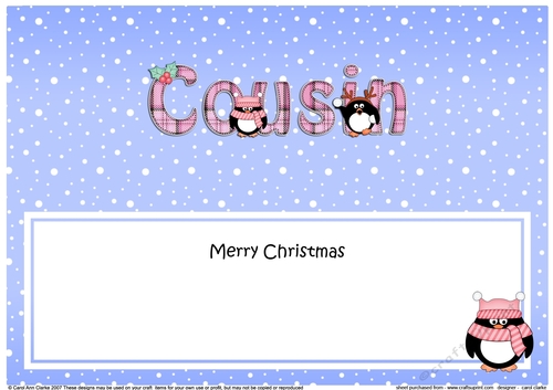 Large DL Merry Christmas COUSIN insert with Penguins