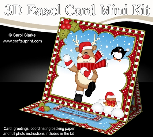 3D Easel Card Mini Kit - Christmas Rudolph is having a Snowball Fight!