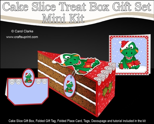 3D Christmas Cake Slice Treat Box Gift Set Mini Kit - Cute Dino has an Xmas Cracker