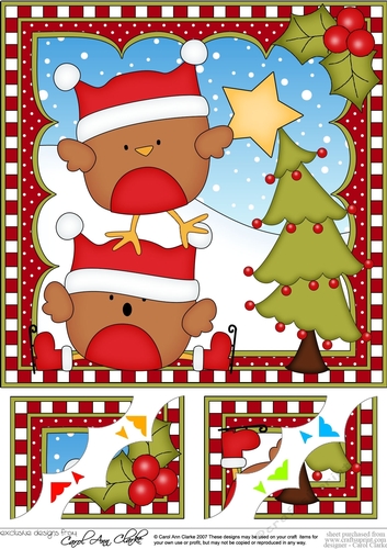 Christmas 8 x 8 Scalloped Corner Topper - Bobbin Robins are putting the star on the Xmas Tree 