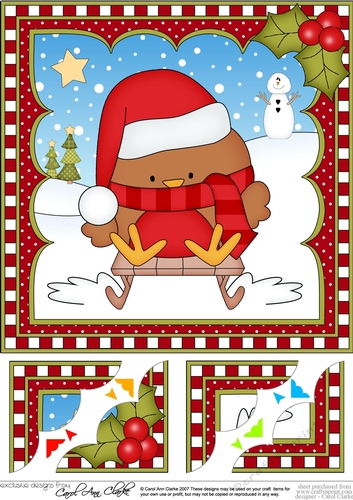 Christmas 8 x 8 Scalloped Corner Topper - Bobbin Robin is Sledging