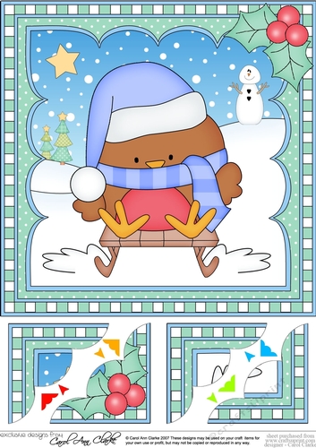 Christmas 8 x 8 Scalloped Corner Topper - Bobbin Robin is Sledging