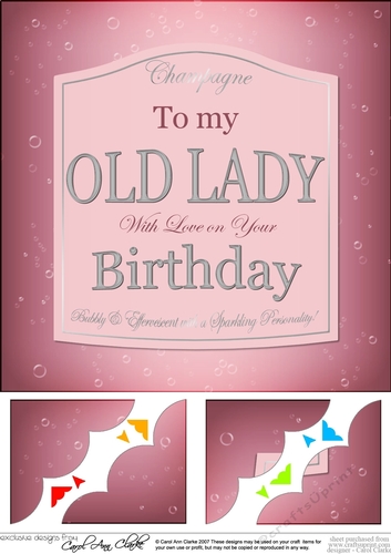 8 x 8 Birthday OLD LADY Champers Label Scalloped corner Topper