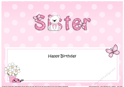 Large DL Happy Birthday SISTER insert with Livvy Bear