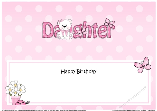Large DL Happy Birthday DAUGHTER insert with Livvy Bear
