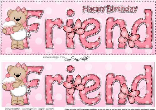 Large DL Happy Birthday FRIEND 3D decoupage with Livvy Bear