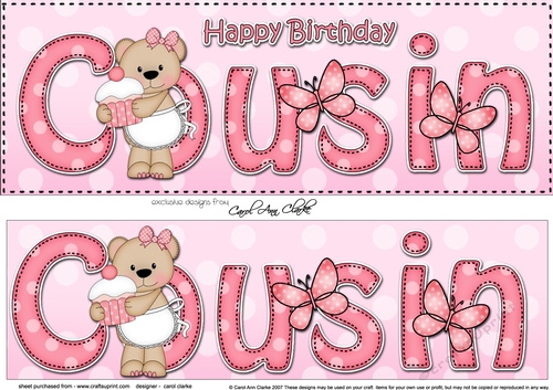 Large DL Happy Birthday COUSIN 3D decoupage with Livvy Bear