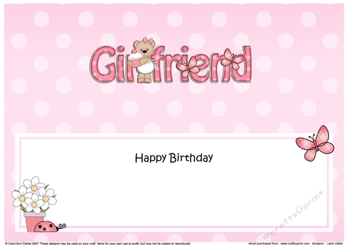 Large DL Happy Birthday GIRLFRIEND insert with Livvy Bear
