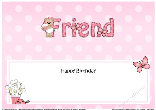 Large DL Happy Birthday FRIEND insert with Livvy Bear