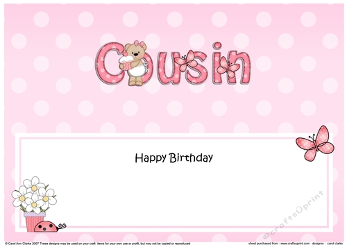 Large DL Happy Birthday COUSIN insert with Livvy Bear
