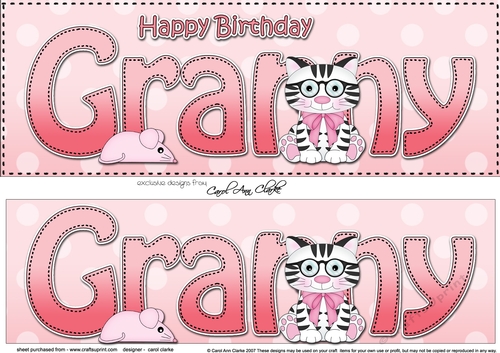 Large DL Happy Birthday GRANNY 3D decoupage with Cute Cat