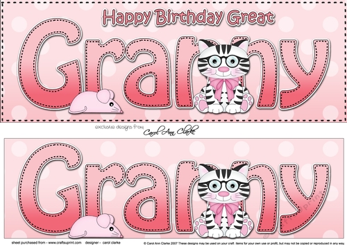 Large DL Happy Birthday GREAT GRANNY 3D decoupage with Cute Cat