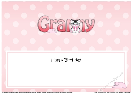 Large DL Happy Birthday GRANNY insert with Cute Cat
