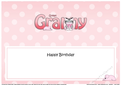 Large DL Happy Birthday GREAT GRANNY insert with Cute Cat