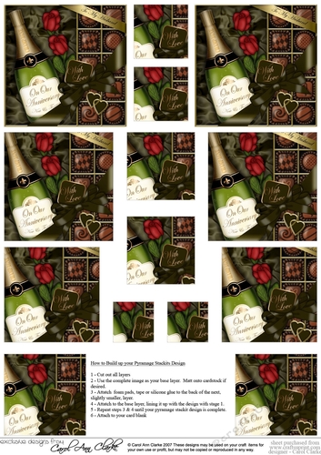 Husband Anniversary Champers, Chocs & Roses Pyramage sheet
