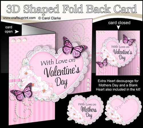 3 in 1 Floral Heart - 3D Shaped No-Hole Fold Back Card with Decoupage Mini Kit