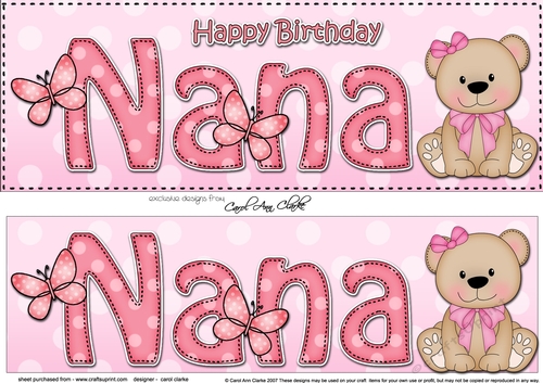 Large DL Happy Birthday NANA 3D decoupage with Livvy Bear