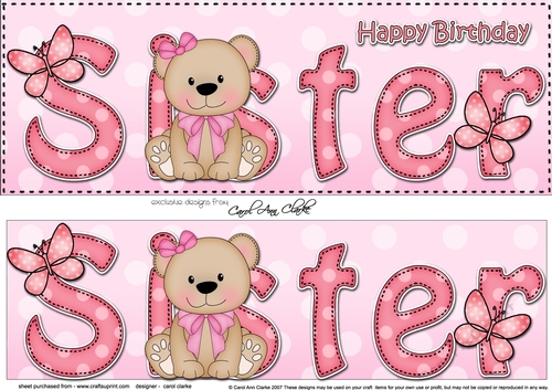Large DL Happy Birthday SISTER 3D decoupage with Livvy Bear