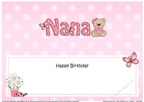 Large DL Happy Birthday NANA insert with Livvy Bear