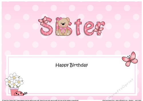 Large DL Happy Birthday SISTER insert with Livvy Bear