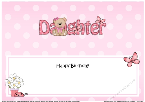 Large DL Happy Birthday DAUGHTER insert with Livvy Bear