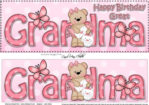 Large DL Happy Birthday GREAT GRANDMA 3D decoupage with Livvy Bear