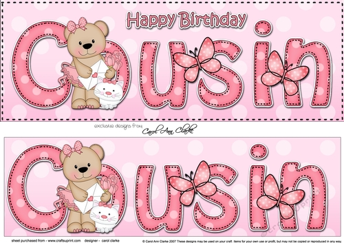 Large DL Happy Birthday COUSIN 3D decoupage with Livvy Bear