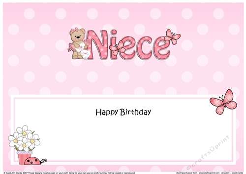 Large DL Happy Birthday NIECE insert with Livvy Bear