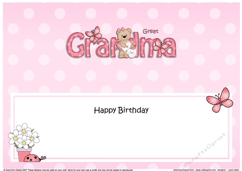 Large DL Happy Birthday GREAT GRANDMA insert with Livvy Bear