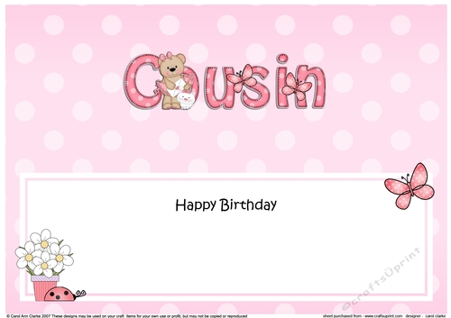 Large DL Happy Birthday COUSIN insert with Livvy Bear