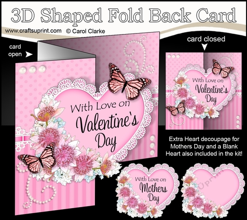 3 in 1 Floral Heart - 3D Shaped No-Hole Fold Back Card with Decoupage Mini Kit