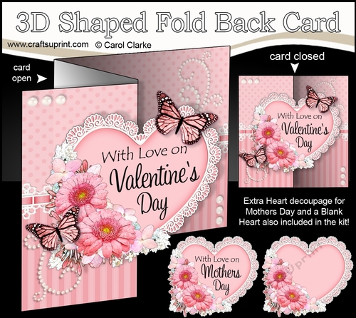 3 in 1 Floral Heart - 3D Shaped No-Hole Fold Back Card with Decoupage Mini Kit