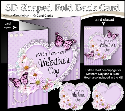 3 in 1 Floral Heart - 3D Shaped No-Hole Fold Back Card with Decoupage Mini Kit