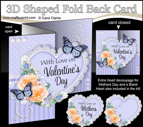 3 in 1 Floral Heart - 3D Shaped No-Hole Fold Back Card with Decoupage Mini Kit
