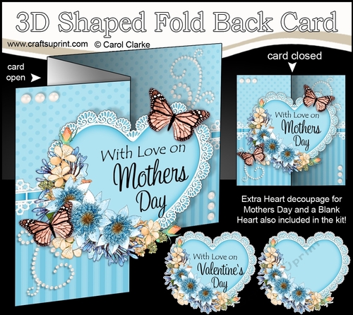 3 in 1 Floral Heart - 3D Shaped No-Hole Fold Back Card with Decoupage Mini Kit
